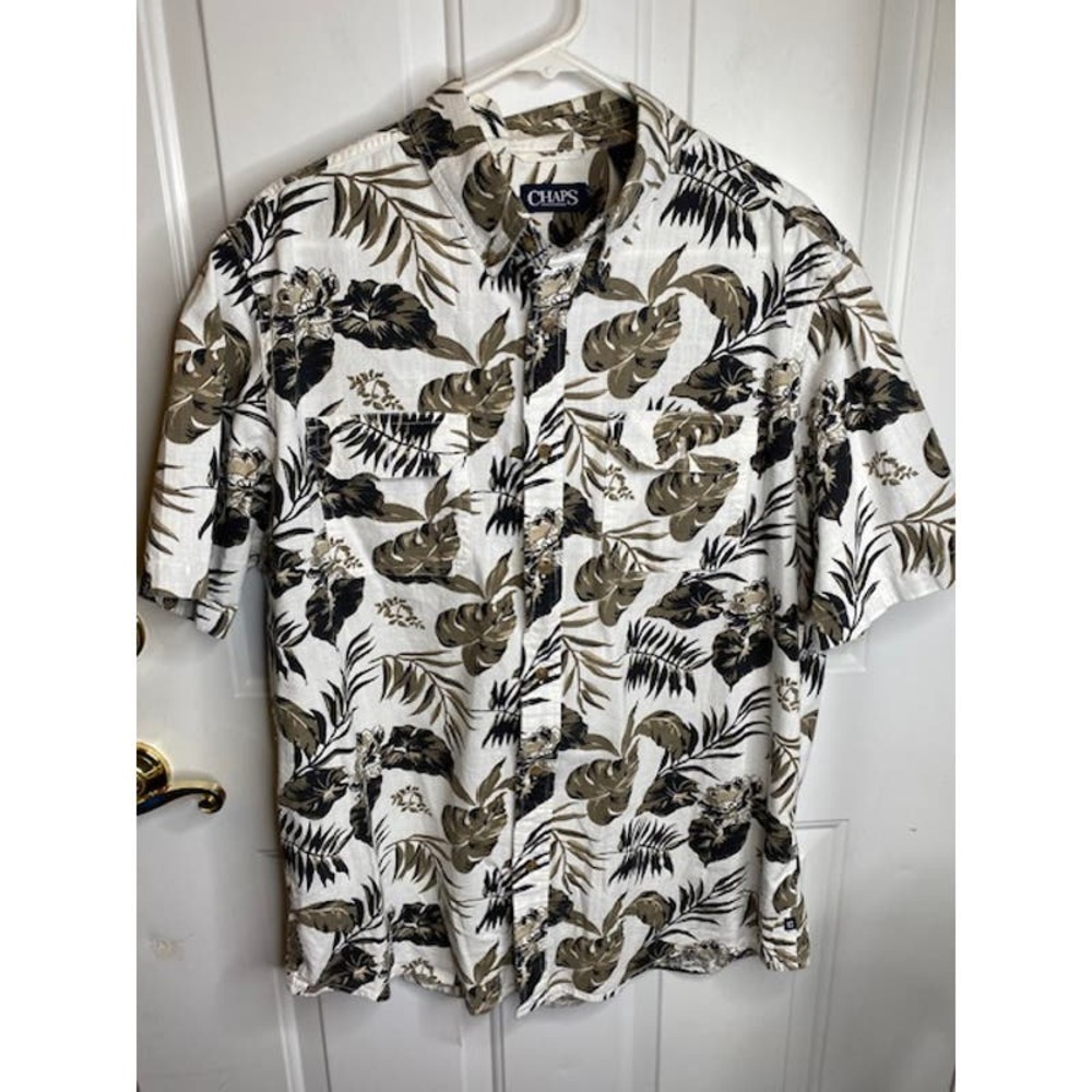 Chaps Men's Tropical Button Down Shirt Size Large Off White Brown Black